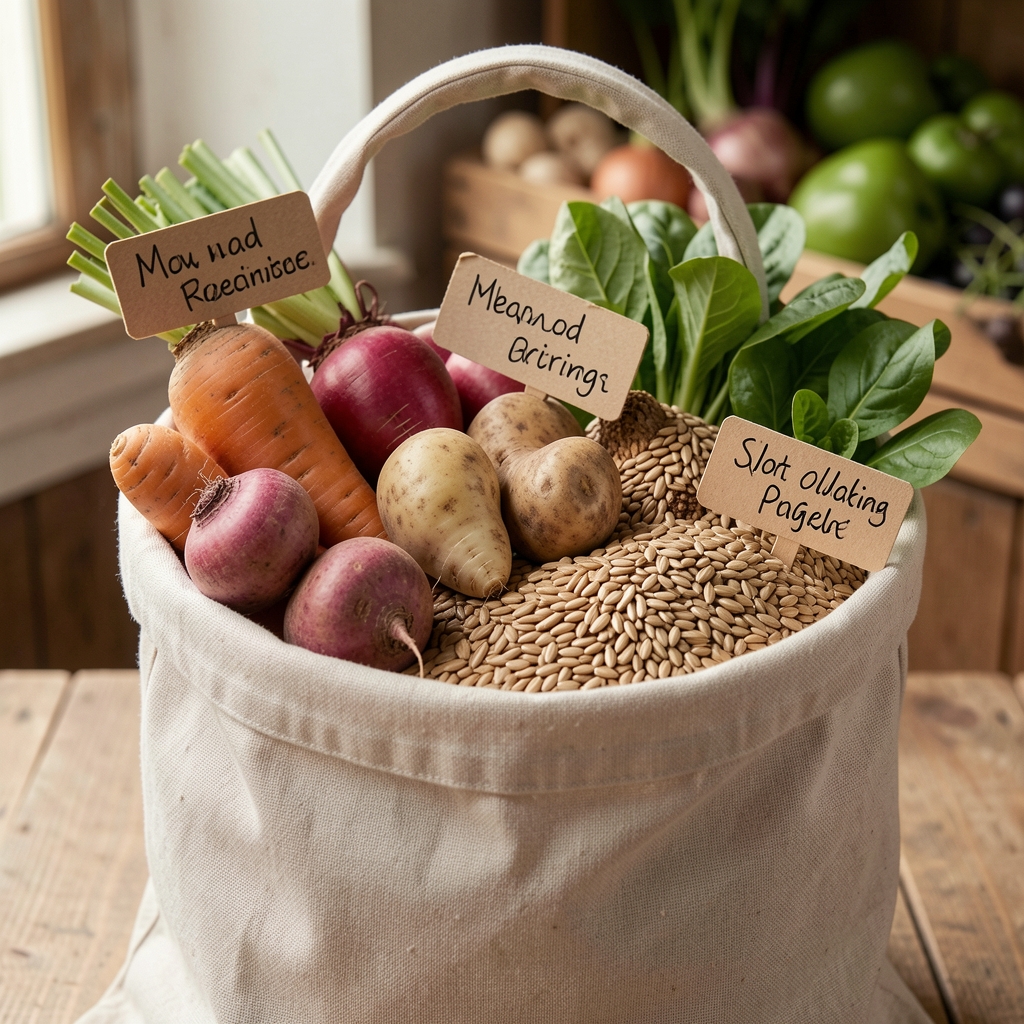 Selection of root vegetables and whole grains labelled with handwritten origin notes on a light-coloured canvas market bag