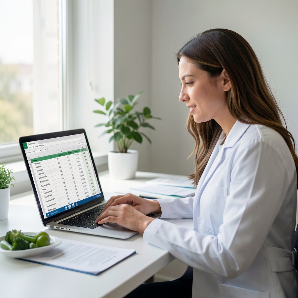 Nutritionist reviewing a spreadsheet of ingredient availability data on a laptop at a clean desk with natural daylight