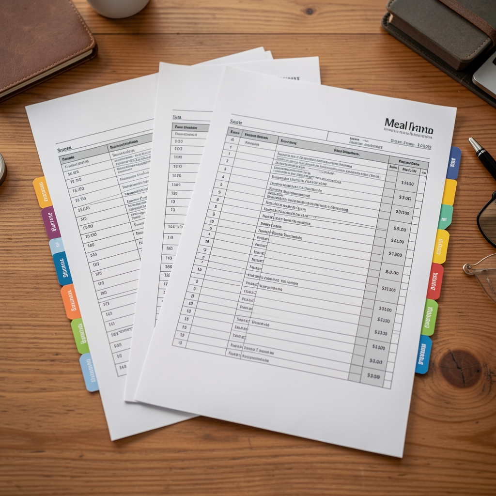 Printed meal planning archive documents with revision numbers and colour-coded seasonal tabs on a wooden desk surface