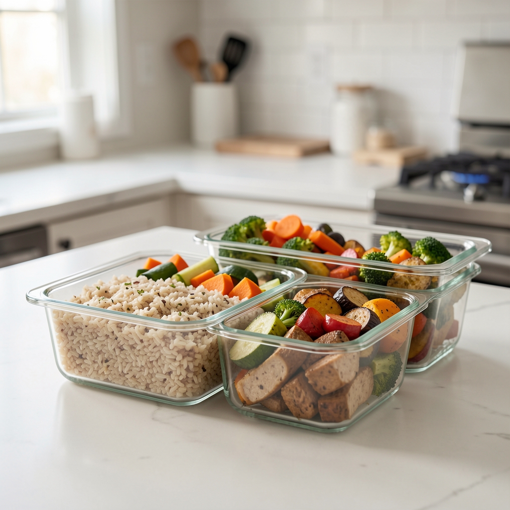 Glass meal prep containers with balanced portions of cooked grains, roasted vegetables, and protein arranged in a clean kitchen