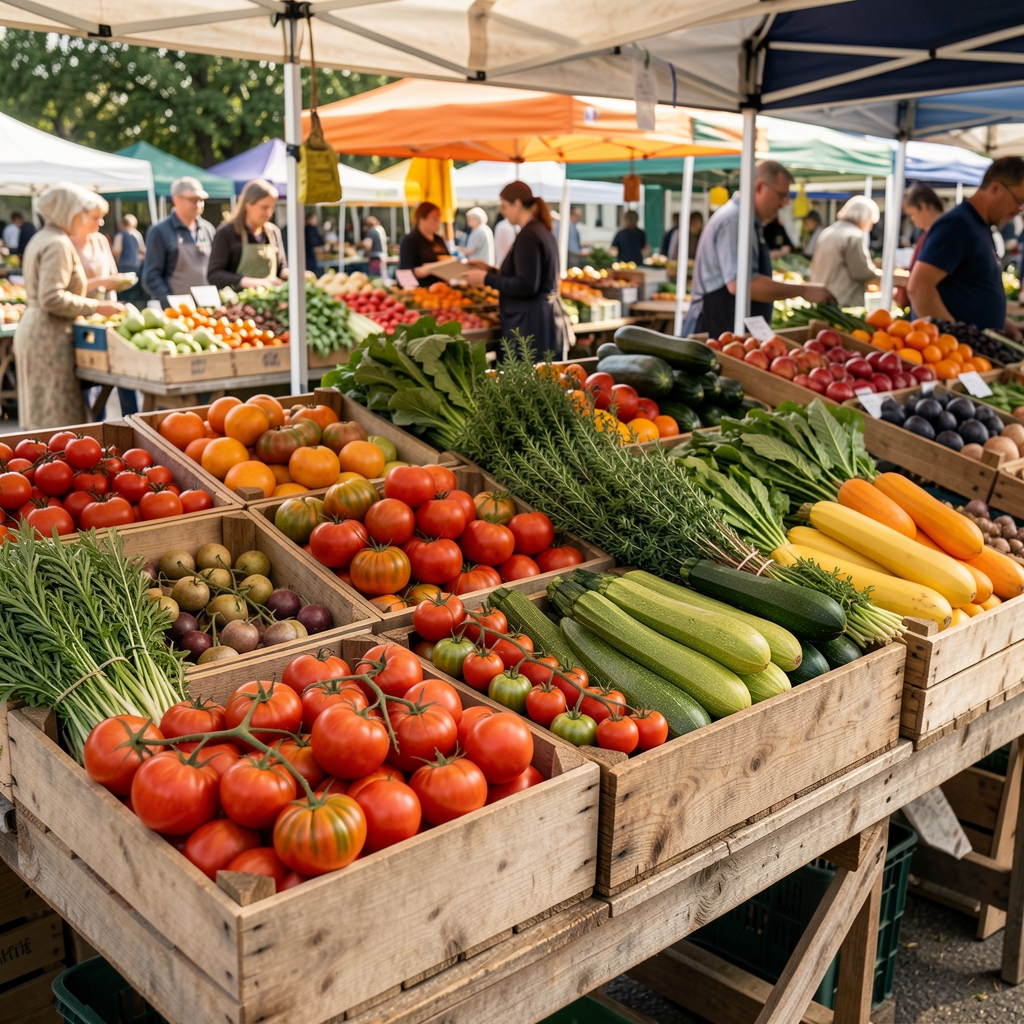Colourful farmers market stall with fresh seasonal produce, heirloom tomatoes, courgettes, and herbs in wooden crates