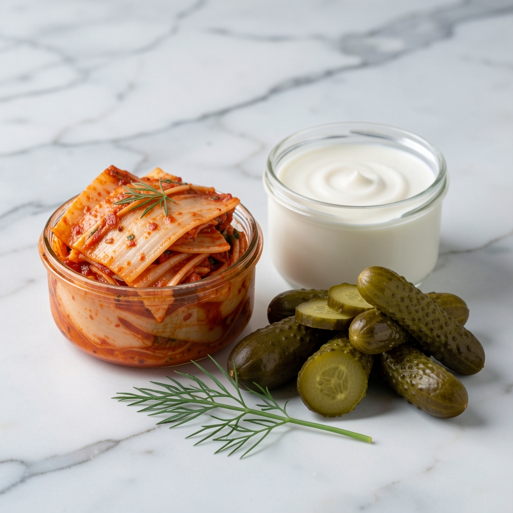 Selection of fermented foods including kimchi, plain yoghurt, and pickled vegetables on a marble surface with a sprig of dill under studio lighting